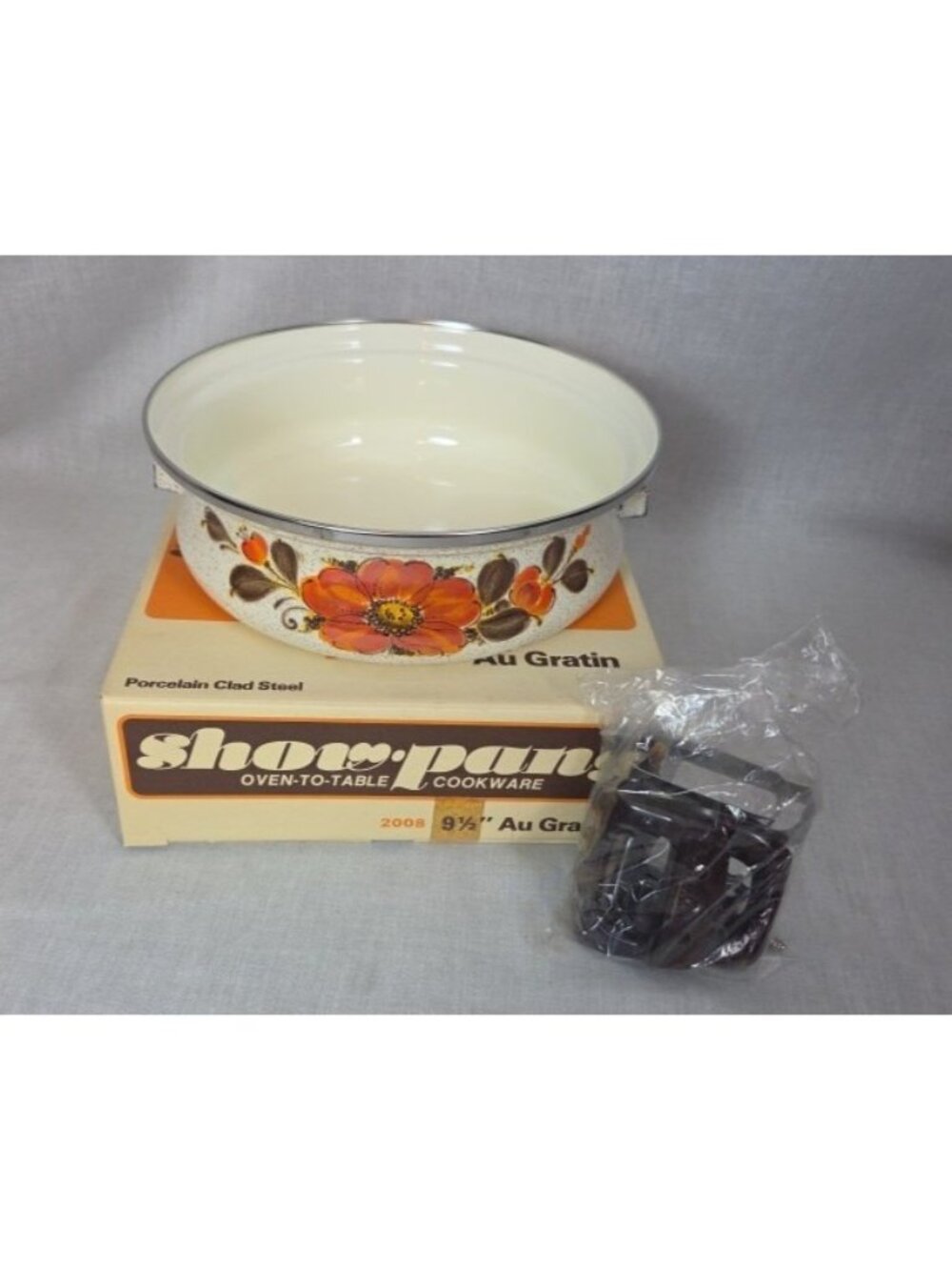 VTG NIB Orange Flowered Show Pan Sanko Porcelain Clad Steel 9 1/2" Au Gratin